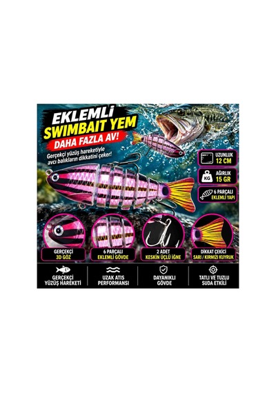 6 Parçalı Eklemli Swimbait At Çek 12 Cm 15 Gr Pembe Mor Yüzüşlü 3d Gözlü Çift Üçlü Iğneli