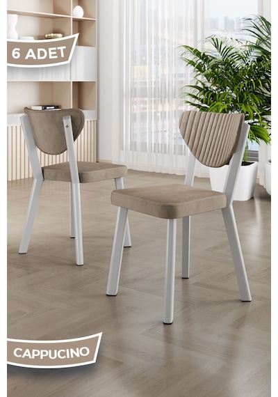 Canisa Arfe Serisi 6 Adet Cappucino Mutfak Sandalyesi Beyaz Metal İskeletli 1. Sınıf Babyface Kumaş Sandalye Cappucino Ayakları Beyaz