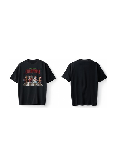 Bumeta Christmas Crossing Santa Geyik Ve Kardan Adam Baskılı Oversize Unisex Tişört T-shirt Siyah