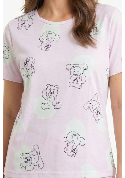 Kompedan Kadın Bisiklet Yaka Yumuşak Dokulu Ayıcık Desenli Kısa Kol Pijama Takım Pembe 70132-4680
