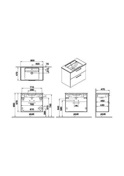 VitrA Root Flat Iki Çekmeceli Lavabo Dolabı 80 Cm Mat Fırtına Gri 68286 Çok Renkli