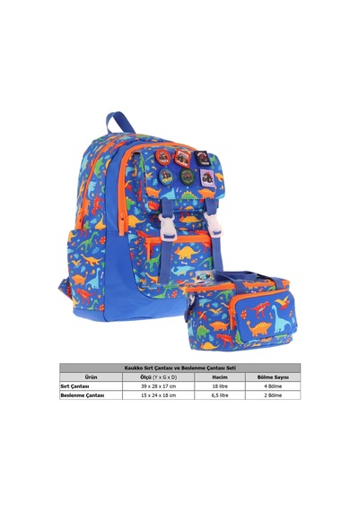 Kaukko L5278+l7278 Erkek Çocuk İkili Okul Çantası Ve Beslenme Çantası Seti - Mavi - Armalı Dinazor Desenli MAvi