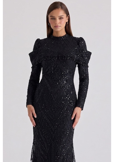 Olcay İnci Ve Pul Desenli Exclusive Tesettür Abiye Elbise Siyah 1090