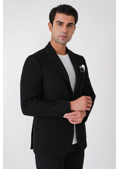 Slim Fit Torba Cepli Esnek Yünlü Siyah Ceket C 745