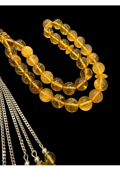 Kaya Damla Kehribar Tesbih 23 Gram 10x10 Mm Gümüş Püsküllü Tespih Sarı