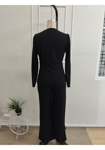 Butik İstanbul Kadın Uzun Kollu Kruvaze Yakalı Yan Tarafı Taşlı Ithal Krep Bluz Ve Pantolon Ikili Takım Siyah