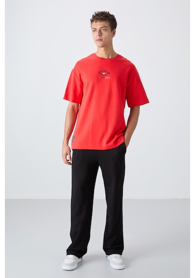 Tommy Life Fiesta Pamuklu Kalın Yumuşak Dokulu Oversize Fit Baskılı Erkek T-shirt - 88325 Kirmizi