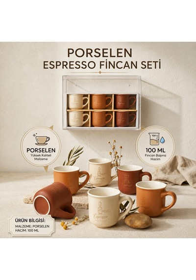 6'li Porselen Espresso Fincan Seti 100 Ml, Kulplu Kahve Fincanı Takımı, Şık Tasarımlı Mini Fincan Seti, Türk Kahvesi Espresso Sunum Fincanı Diğer