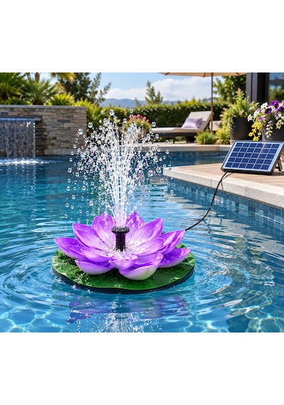 Mor Lotus Çiçekli Su Fışkırtmalı Fıskiye Güneş Enerjili Çeşitli Fıskiye Başlıklı Dekoratif Havuz Gölet Bahçe Süslü Fıskiye