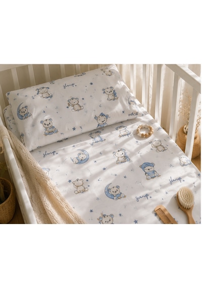 Minora Baby&kids %100 Pamuk Ranforce Anne Yanı Park Yatak Lastikli Bebek Çarşafı Ve Yastık Kılıfı Seti 70x120 - 35x45 - Mavi Ayı