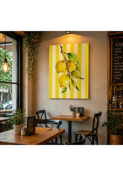 Limon Desenli Kanvas Tablo Sarı Çizgili Mutfak & Kafe Duvar Dekoru