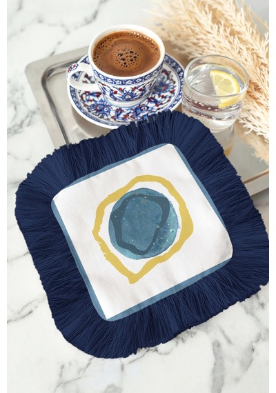 Zengin Modern Sanat Püsküllü Sunum Peçetesi-soyut Dalga Akdeniz Bohem Lacivert Bardak Altlığı Mendil Çok Renkli