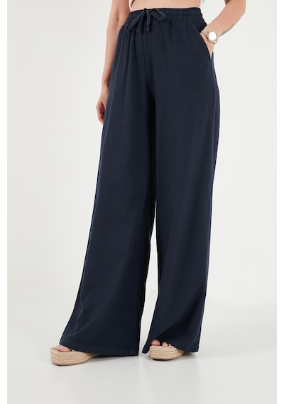 Lela Pamuklu Relaxed Fit Yüksek Bel Geniş Paça Pantolon Bayan Pantolon 668yp5559 Lacivert