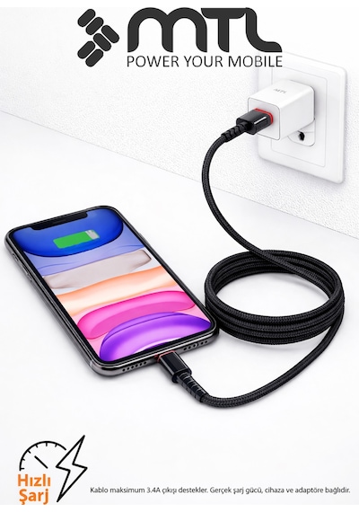 3.4a Usb To Apple Uyumlu iPhone Lightning Hasır Hızlı Şarj Ve Data Aktarım Kablosu 1 Metre Siyah Mt2016