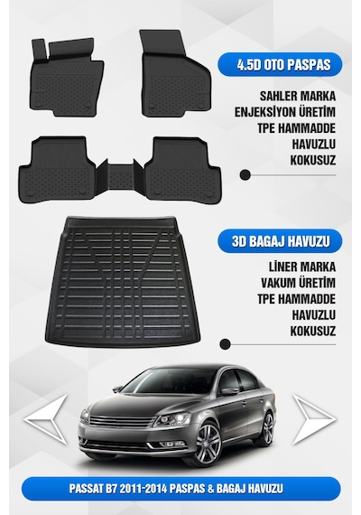 Volkswagen Passat B7 2011-2014 Uyumlu 4.5d Premium Havuzlu Oto Paspas Ve Liner Bagaj Havuzu
