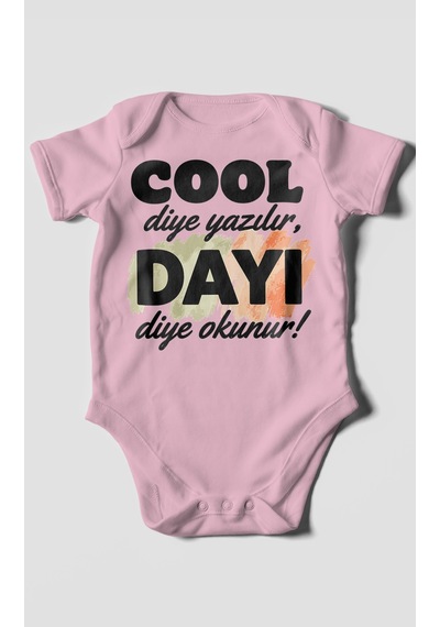 Morivokids Cool Diye Yazılır Dayı Diye Okunur Kısa Kollu Bebek Body %100 Pamuk Koyu Pembe