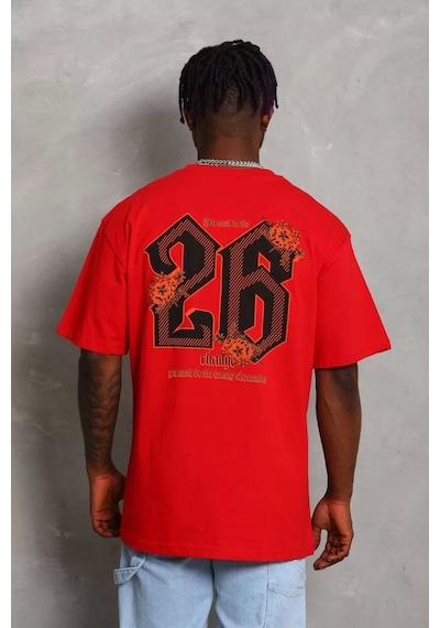 Unisex Oversize Baskılı Bisiklet Yaka T-shirt - Kırmızı Kırmızı