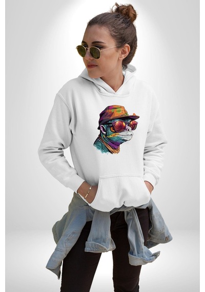 Gözlük Şapka Mukalemun Kadın Erkek Beyaz Kapüşonlu Sweatshirt Hoodie Beyaz