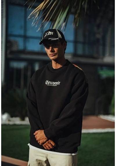 Oversize Bisiklet Yaka Baskılı Sweatshirt - Siyah 001