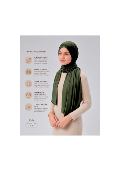 Sonbaharmoda Kız Çocuk Penye Şal, Viskon Likralı, 60x150 Cm, 10-12 Yaş, Tesettür Şal. Haki