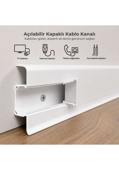 Esquero Kablo Kanallı PVC Süpürgelik 250 cm, Açılabilir Kapaklı, Beyaz, ESQ601
