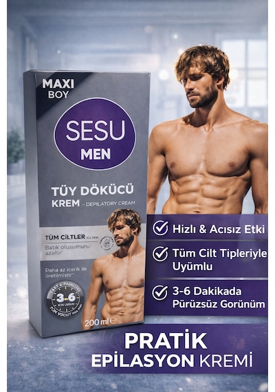 Sesu Men Tüy Dökücü Krem 200 Ml Maxi Boy Erkekler İçin Hızlı Etkili Depilasyon Kremi