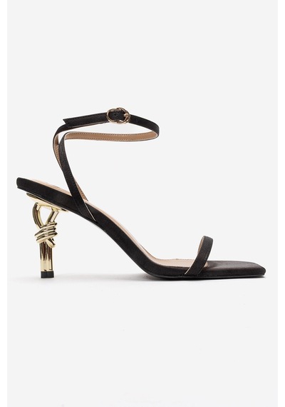 Luvishoes Sone Siyah Saten Gold Topuklu İnce Bantlı Kadın Topuklu Ayakkabı