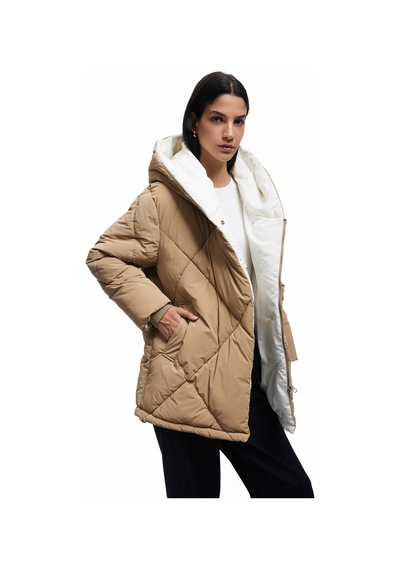 Koton Kapüşonlu Cep Detaylı Fermuarlı Çıtçıt Düğmeli Kapitone Oversize Anorak Bej 6wal00007ıw Ekru