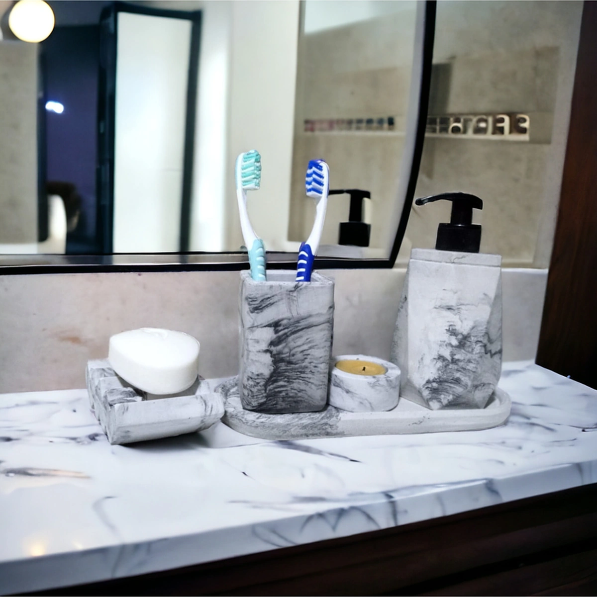 5'li Mermer Desenli Banyo Seti, Sıvı Sabunluk Diş Fırçalığı Beton Antrasit Set. Gri