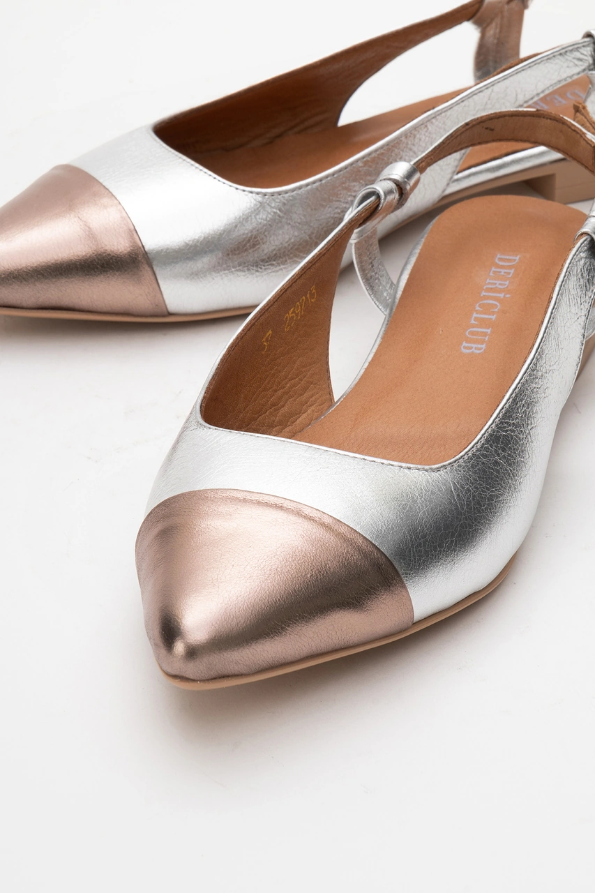 Dericlub Kadın Sivri Burun Açık Topuk Loafer Ayakkabı Gerçek Deri Fr 259713 Gümüş