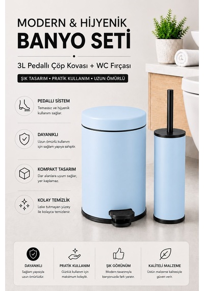 Sas Haus Pedallı Çöp Kovası 3 Litre İç Kovalı Kapaklı Tuvalet Fırçalı Banyo Seti Krom - Titan 7103 Mavi