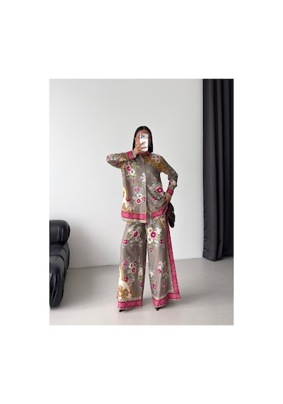 Wellway İthal Chokellaa Kumaş Çiçekli Tunik Gömlek & Pantolon 2li Takım-sarı -26123 Pembe