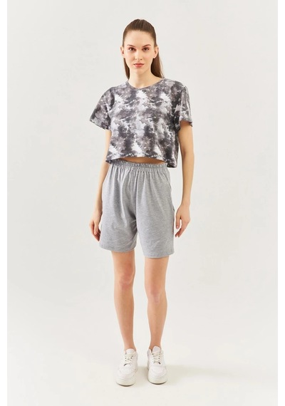 Kadın Oversize Rahat %100 Pamuklu Penye Bisiklet Yaka Kısa Kol Basic Crop T-shirt Batik Gri