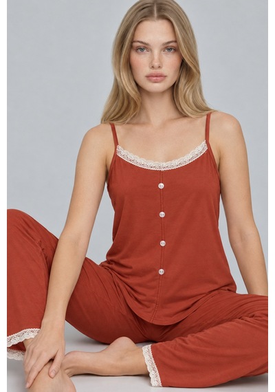 Kadın Dantelli V Yaka Kırmızı Pijama Takımı 4744