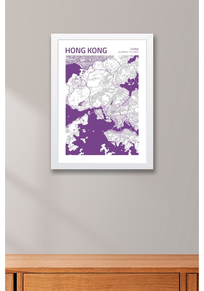 Hong Kong China Haritası Çerçeveli Tablo Lüks Salon Ofis Duvar Dekorasyonu Hediyelik Tablo Beyaz