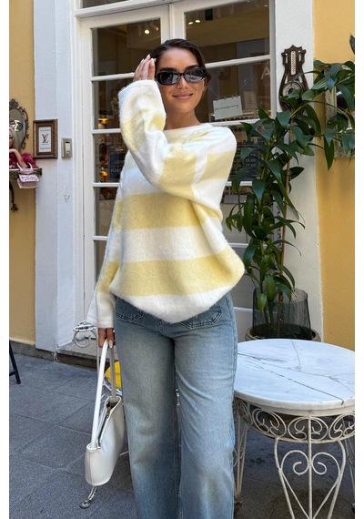 Madmext Sarı Bisiklet Yaka Çizgili Triko Kadın Kazak Mg2472 Sarı