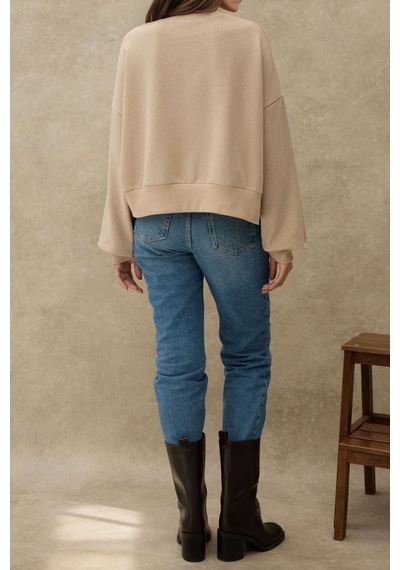 Hiccup İşlemeli Yuvarlak Yaka Sweatshirt Natural