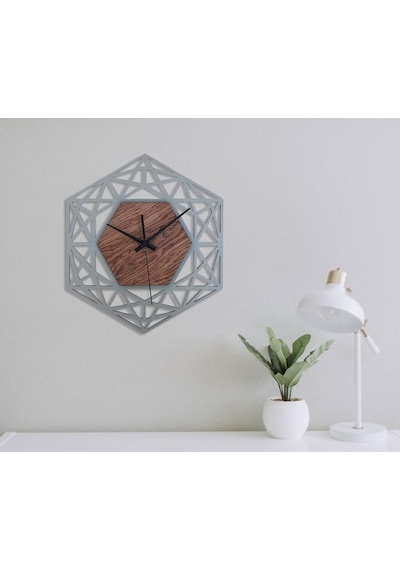 Ahşap Geometrik Desenli Altıgen Model Duvar Saati