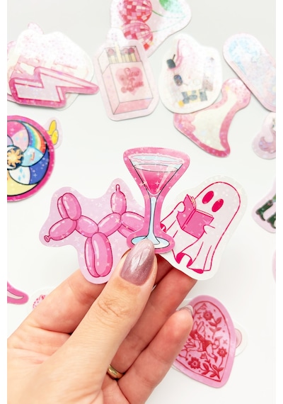 Pembe Renk Temalı Hologram Stickerlar 21 Adet Sticker Paketi Suya Dayanıklı Laptop Termos Telefon Etiket Seti