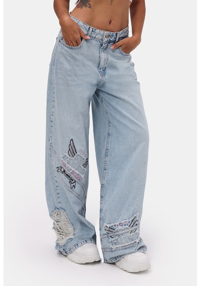 Kadın Ice 12s6-3 Süper Baggy Özel Nakışlı Tasarım Denim Jean Buz Mavi