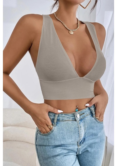 Terapi Men Kadın Gri Çapraz Sırt Detaylı Crop Top Bluz Gri