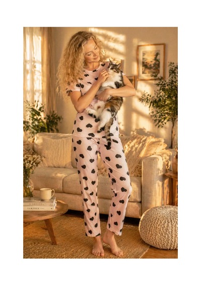Rindahomewear Kadın Kalp Viskon Baskılı Kısa Kol Pijama Takımı Ekru
