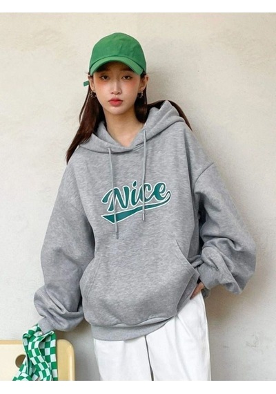 Nice Sweatshirt - Gri Baskılı Oversize Kışlık Kalın Kapüşonlu Gri