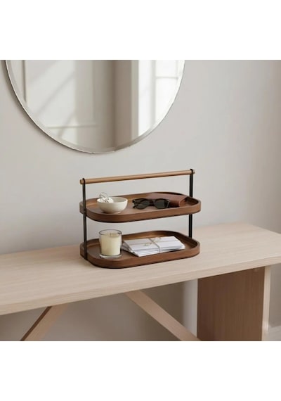 Qerhome 2 Katlı Akasya Stand / Sunumluk / Çok Amaçlı Organizer Doğal Ahşap İki Katlı Servis Ahşap