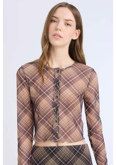 DeFacto Fitted Bisiklet Yaka Desenli Düğmeli Tül Uzun Kollu Tişört E4931AX25SPBN267