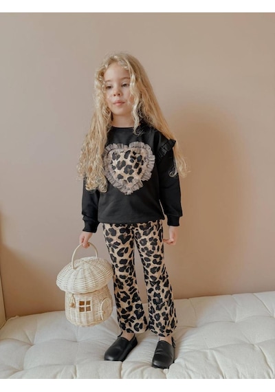 Miniko Kids Kız Çocuk Kalp Modelli Tül Detaylı Leopar İspanyol Paça Taytlı Takım Siyah