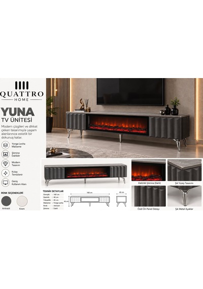 Yuna Antrasit Şömineli Tv Ünitesi 160 Cm Modern Metal Ayaklı Yuna Antrasit Şömineli Tv Ünitesi 160 Cm Modern Metal Ayaklı