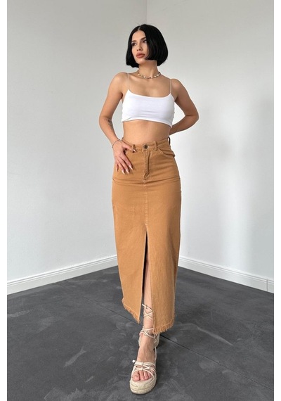 Dogutrend Camel Gabardin Boyamalı Püsküllü Etek