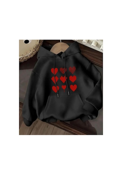 Herkesemoda Kırmızı Kalpler Baskılı İçi Polarlı Kapüşonlu Sweatshirt Siyah