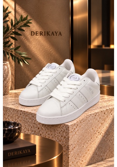 Derikaya Kadın Beyaz Bağcıklı Düz Taban Günlük Sneaker Spor Ayakkabı